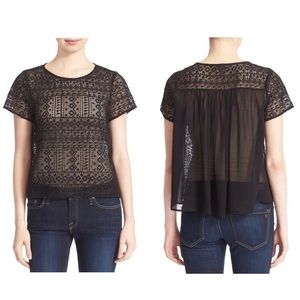 [JOIE] Black Lace ‘Sevan’ Short Sleeve Blouse with Sheer Silk Back Panel